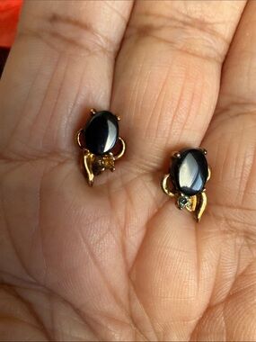 Gold-Tone Black Cabochon Floral Stud Earrings